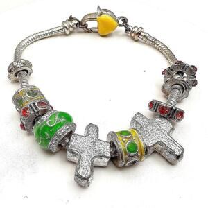 Vintage 90s Religious Charm Bracelet Silver Tone Multi-Color Cross Heart Jewelry